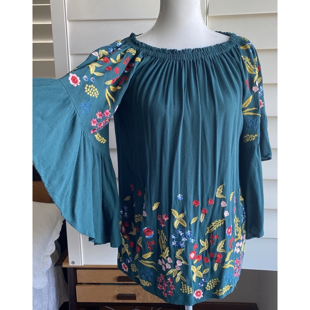 Umgee USA Off Shoulder Floral Boho Top Women S Green Flare Sleeve Embroidered